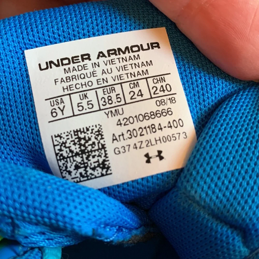 Under Armour Jet size 6 VEGAN blue yellow mid basketball sneakers shoes